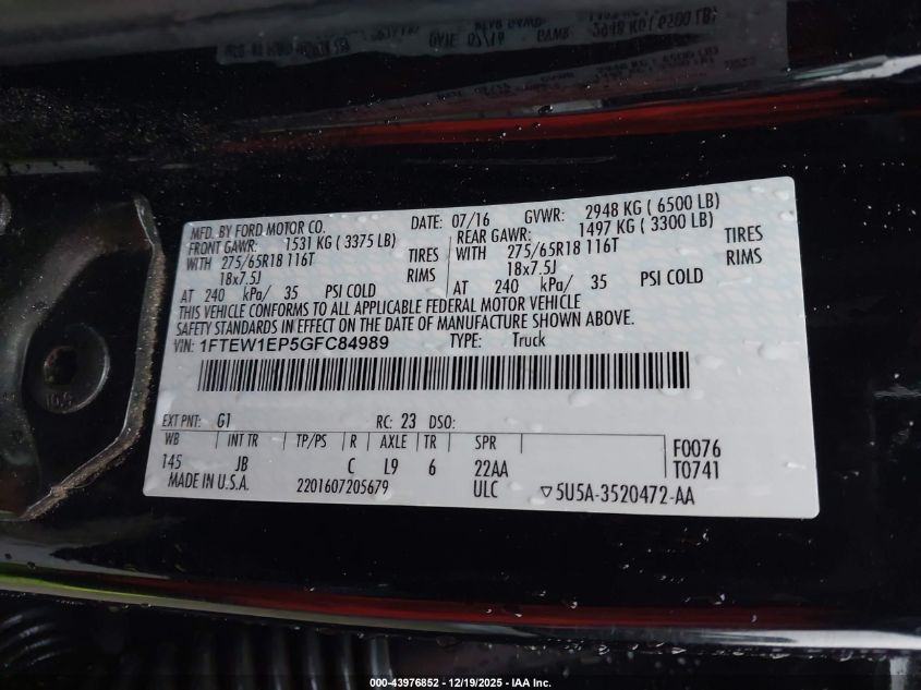 2016 Ford F-150 Xlt VIN: 1FTEW1EP5GFC84989 Lot: 43976852