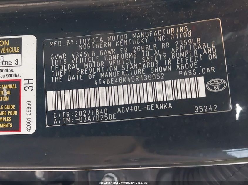 2009 Toyota Camry Le VIN: 4T4BE46K49R136052 Lot: 43976854