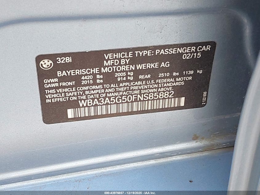 2015 BMW 328I VIN: WBA3A5G50FNS85882 Lot: 43976857