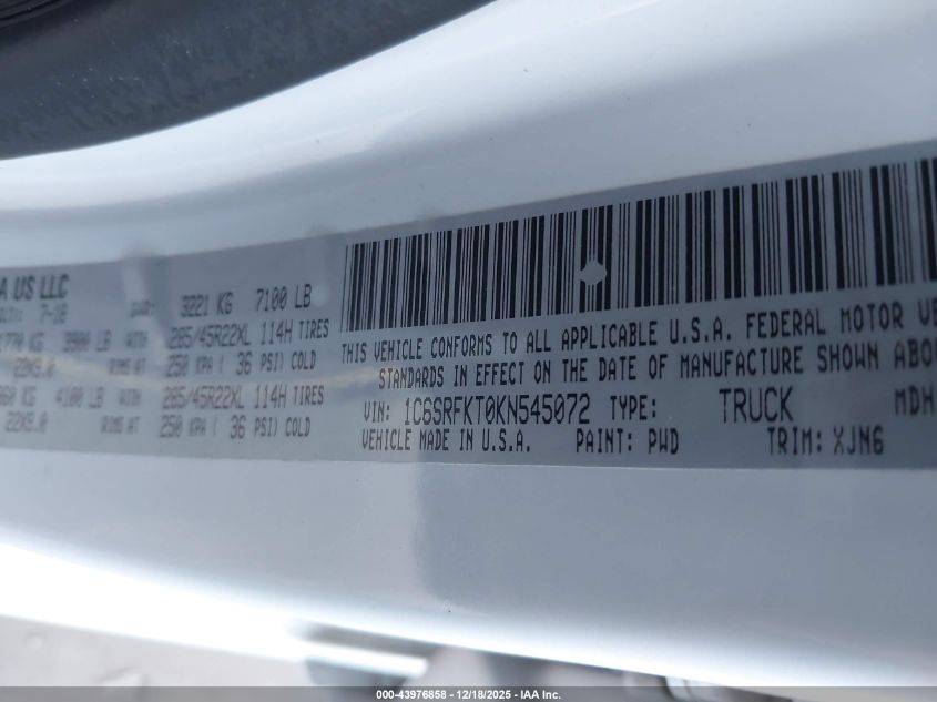 2019 Ram 1500 Longhorn 4X4 5'7 Box VIN: 1C6SRFKT0KN545072 Lot: 43976858