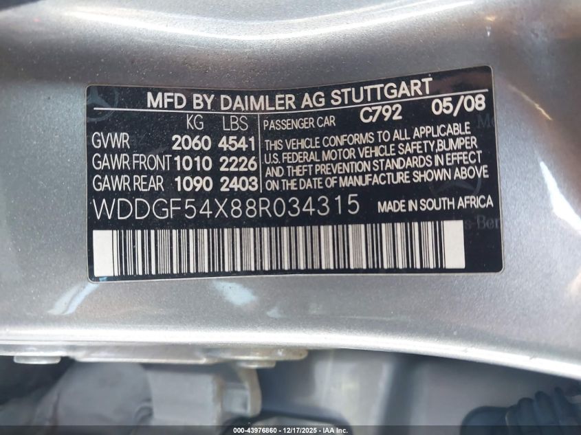 2008 Mercedes-Benz C 300 Luxury/Sport VIN: WDDGF54X88R034315 Lot: 43976860