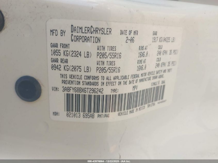 2006 Chrysler Pt Cruiser Limited VIN: 3A8FY68BX6T296242 Lot: 43976864