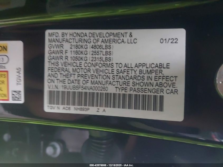 2022 Acura Tlx A-Spec Package VIN: 19UUB5F54NA000260 Lot: 43976866