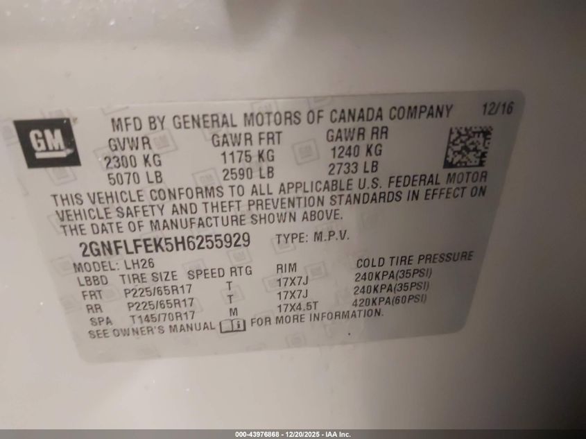 2017 Chevrolet Equinox Lt VIN: 2GNFLFEK5H6255929 Lot: 43976868