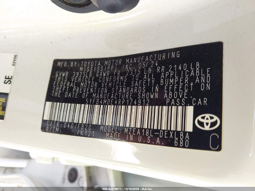 2024 Toyota Corolla Le VIN: 5YFB4MDE4RP174912 Lot: 43976871