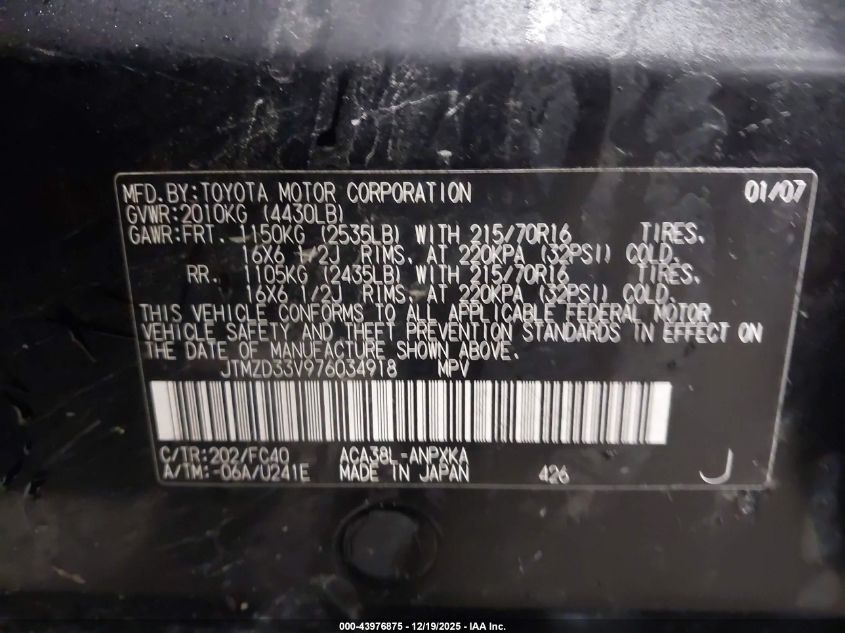 2007 Toyota Rav4 VIN: JTMZD33V976034918 Lot: 43976875