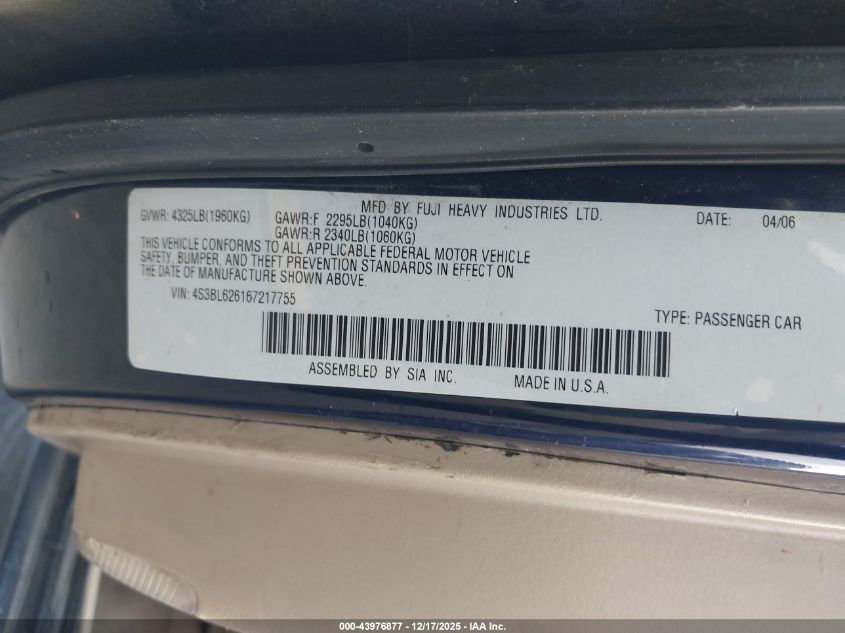 2006 Subaru Legacy 2.5I VIN: 4S3BL626167217755 Lot: 43976877