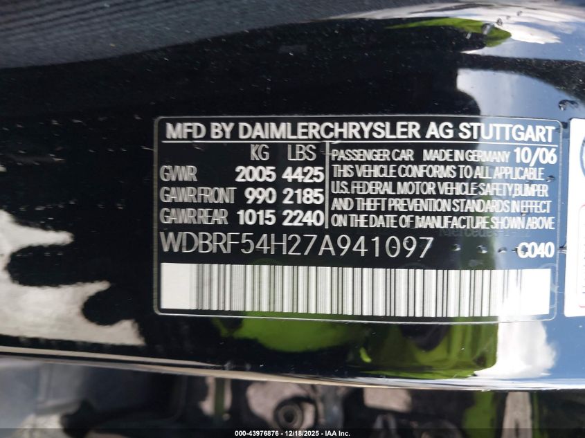 2007 Mercedes-Benz C 280 Luxury VIN: WDBRF54H27A941097 Lot: 43976876