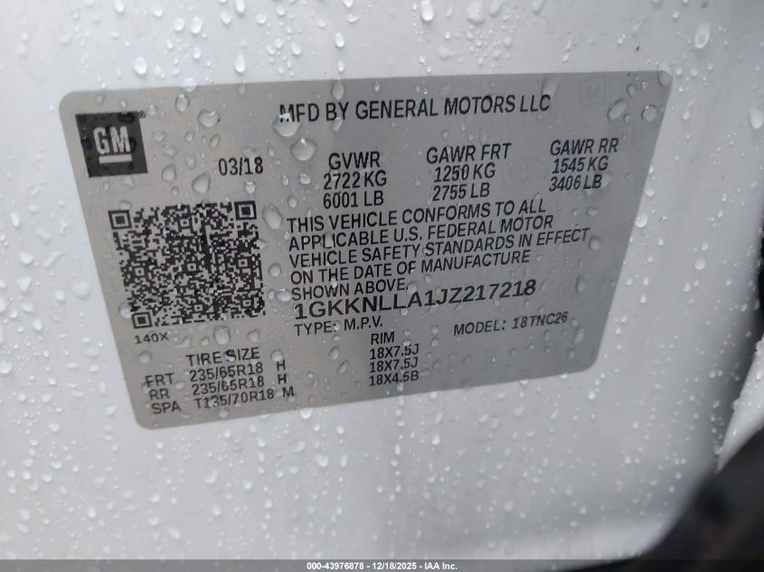 2018 GMC Acadia Sle-2 VIN: 1GKKNLLA1JZ217218 Lot: 43976878