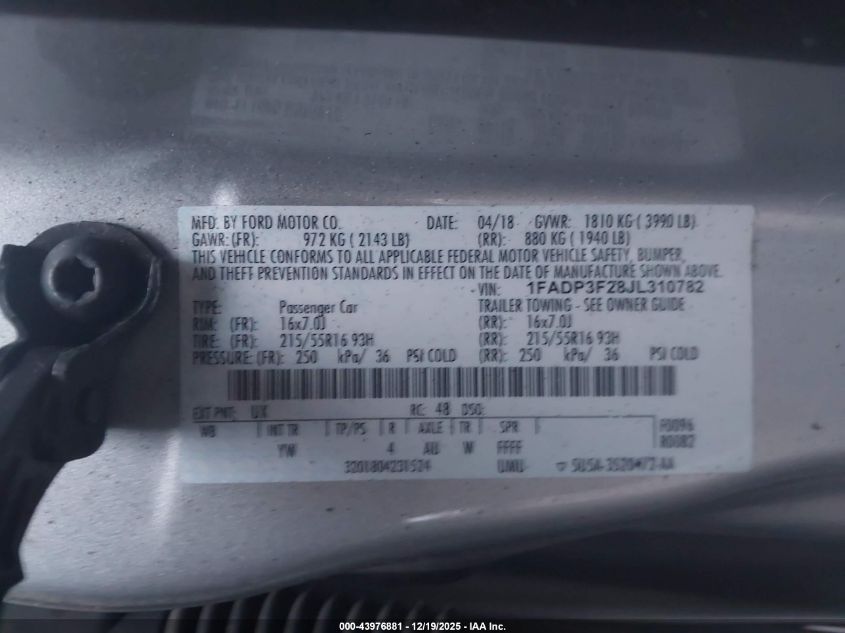 2018 Ford Focus Se VIN: 1FADP3F28JL310782 Lot: 43976881