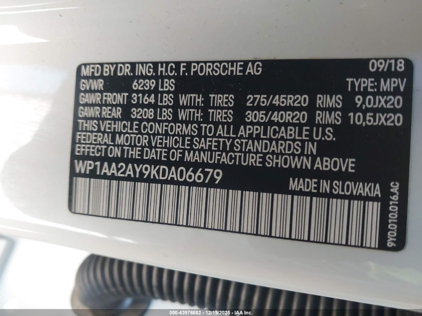 2019 Porsche Cayenne VIN: WP1AA2AY9KDA06679 Lot: 43976882