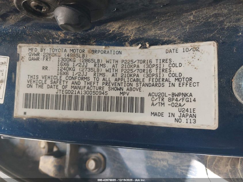 2003 Toyota Highlander VIN: JTEGD21A130050945 Lot: 43976889