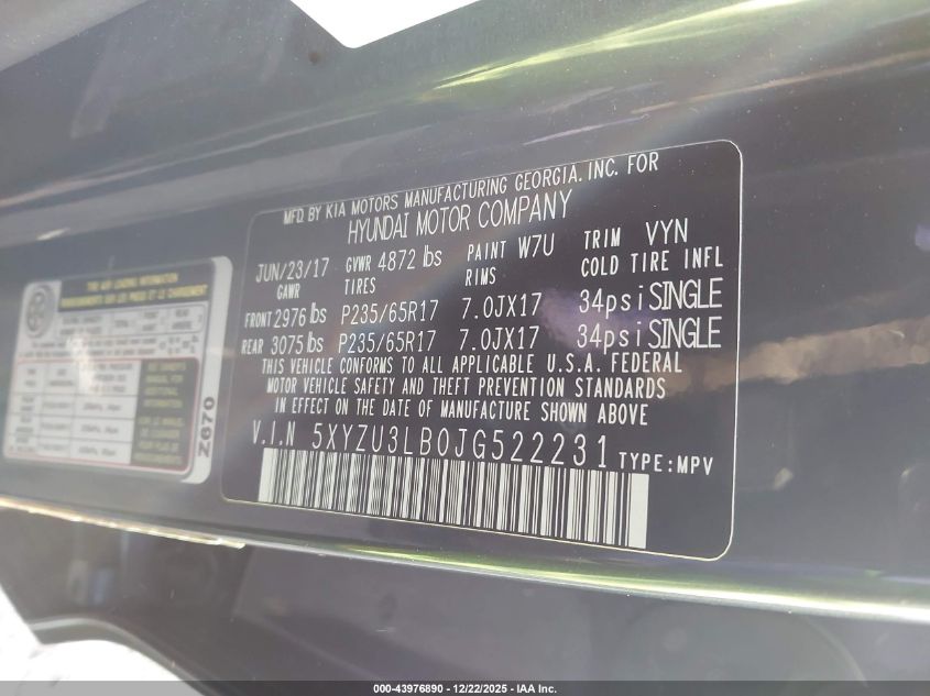 2018 Hyundai Santa Fe Sport 2.4L VIN: 5XYZU3LB0JG522231 Lot: 43976890