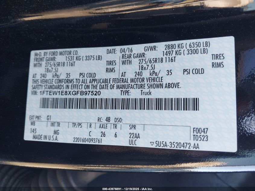 2016 Ford F-150 Xlt VIN: 1FTEW1E8XGFB97520 Lot: 43976891