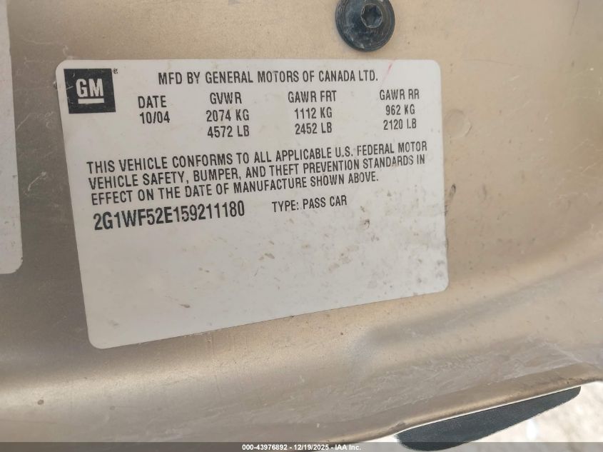 2005 Chevrolet Impala VIN: 2G1WF52E159211180 Lot: 43976892