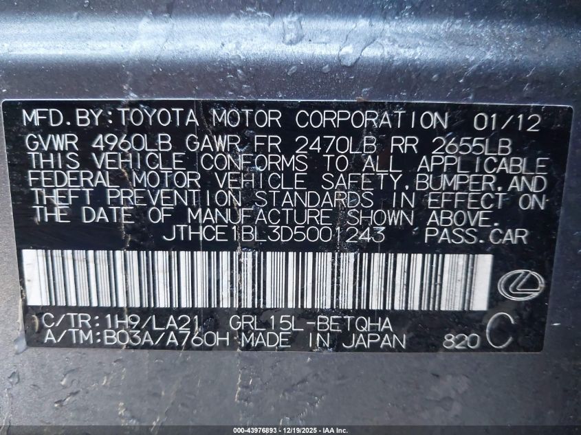 2013 Lexus Gs 350 VIN: JTHCE1BL3D5001243 Lot: 43976893