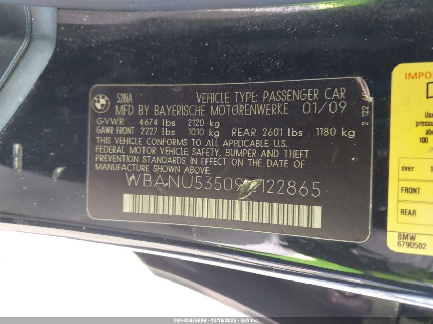 2009 BMW 528I VIN: WBANU53509C122865 Lot: 43976899