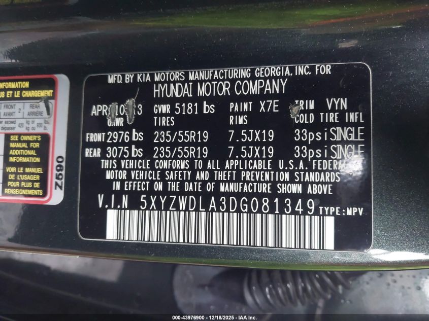 2013 Hyundai Santa Fe Sport 2.0T VIN: 5XYZWDLA3DG081349 Lot: 43976900