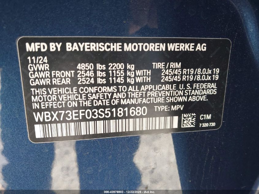 2025 BMW X1 xDrive28I VIN: WBX73EF03S5181680 Lot: 43976903
