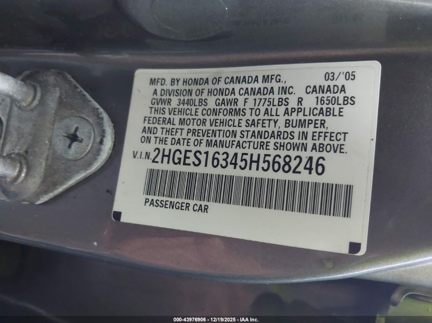 2005 Honda Civic Vp VIN: 2HGES16345H568246 Lot: 43976906