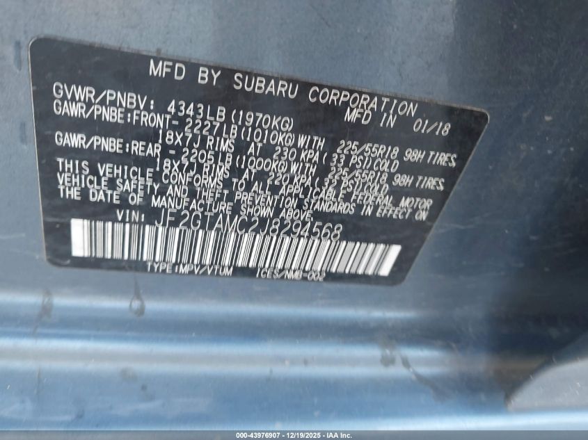 2018 Subaru Crosstrek 2.0I Limited VIN: JF2GTAMC2J8294568 Lot: 43976907