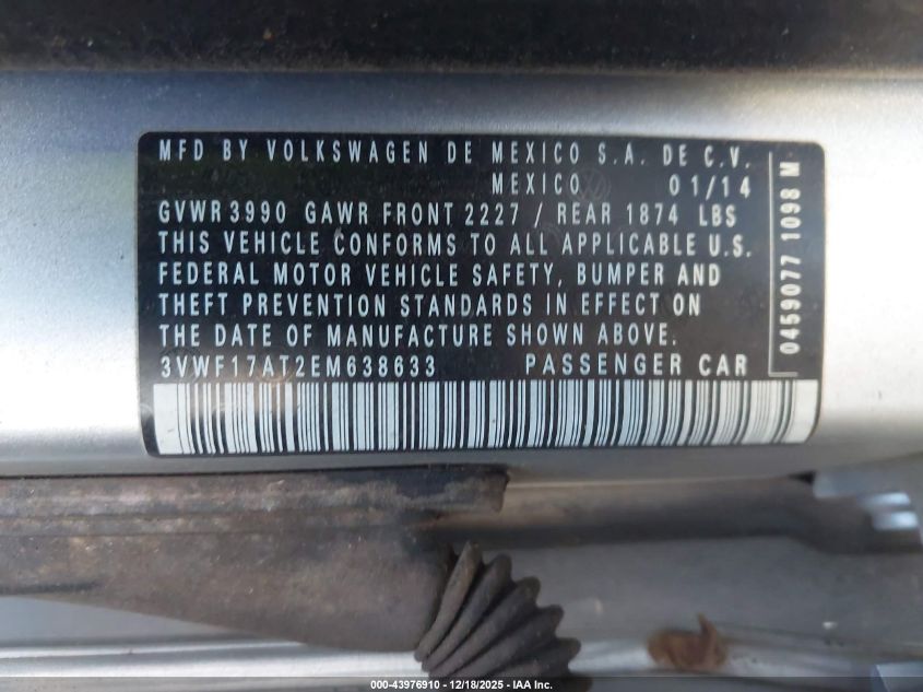 2014 Volkswagen Beetle 1.8T Entry VIN: 3VWF17AT2EM638633 Lot: 43976910