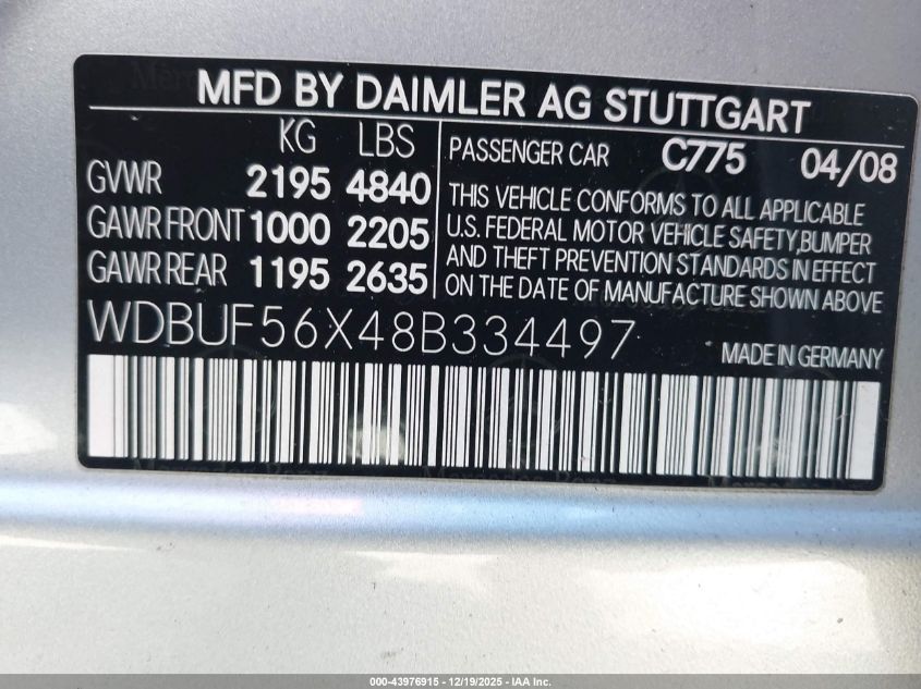 2008 Mercedes-Benz E 350 VIN: WDBUF56X48B334497 Lot: 43976915