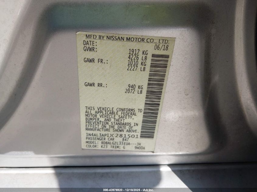 2018 Nissan Altima 2.5 S VIN: 1N4AL3AP1JC281501 Lot: 43976920