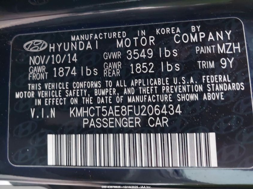 2015 Hyundai Accent Gs VIN: KMHCT5AE8FU206434 Lot: 43976925