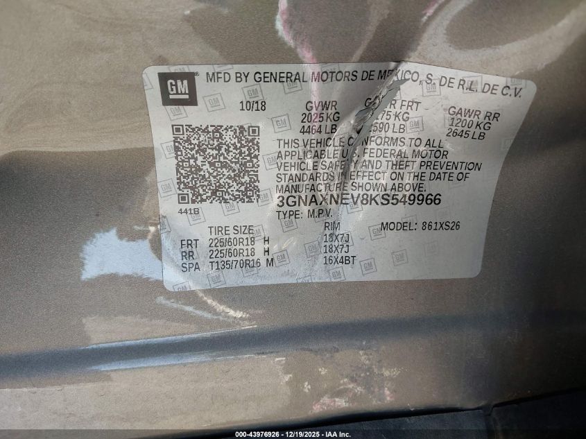 2019 Chevrolet Equinox Premier VIN: 3GNAXNEV8KS549966 Lot: 43976926