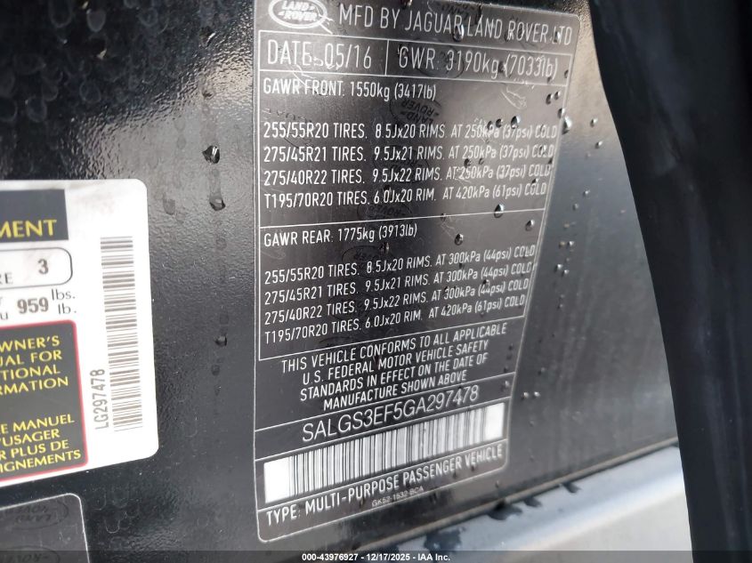 2016 Land Rover Range Rover 5.0L V8 Supercharged VIN: SALGS3EF5GA297478 Lot: 43976927