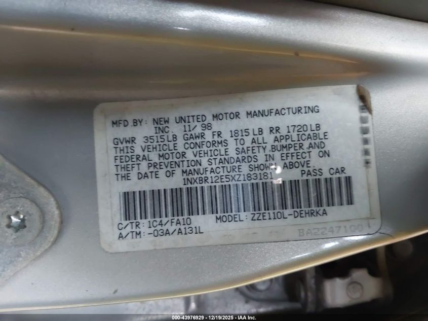 1999 Toyota Corolla Ve VIN: 1NXBR12E5XZ183181 Lot: 43976929