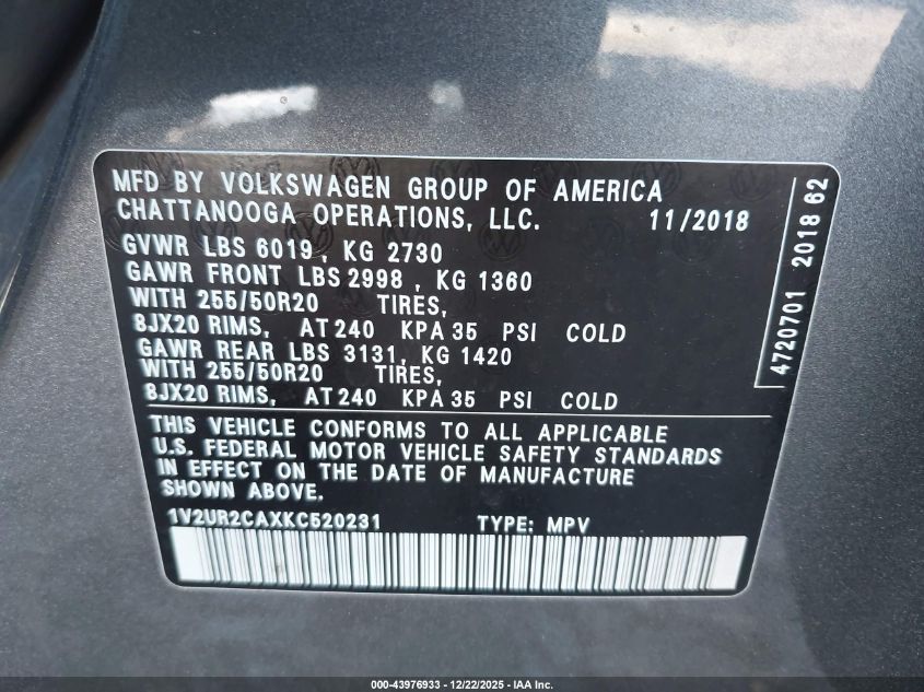 2019 Volkswagen Atlas 3.6L V6 Se W/Technology VIN: 1V2UR2CAXKC520231 Lot: 43976933