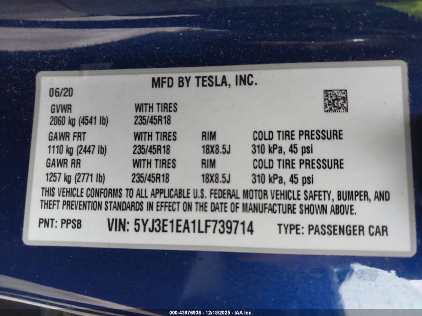 2020 Tesla Model 3 Standard Range Plus Rear-Wheel Drive/Standard Range Rear-Wheel Drive VIN: 5YJ3E1EA1LF739714 Lot: 43976936