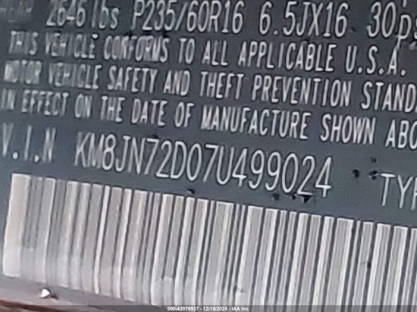 2007 Hyundai Tucson Limited/Se VIN: KM8JN72D07U499024 Lot: 43976937