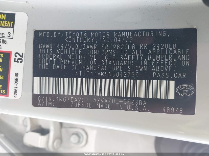 2022 Toyota Camry Se VIN: 4T1T11AK5NU043759 Lot: 43976939