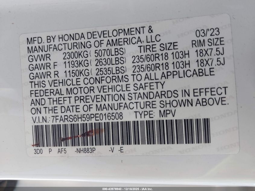 2023 Honda Cr-V Sport VIN: 7FARS6H59PE01650 Lot: 43976940