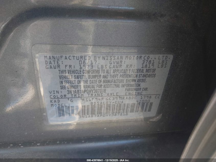 2017 Nissan Sentra S VIN: 3N1AB7AP0HY387818 Lot: 43976941