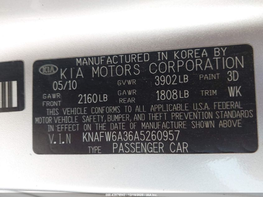 2010 Kia Forte Koup Sx VIN: KNAFW6A36A5260957 Lot: 43976943