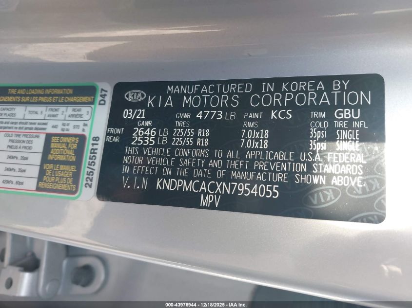 2022 Kia Sportage Lx VIN: KNDPMCACXN7954055 Lot: 43976944