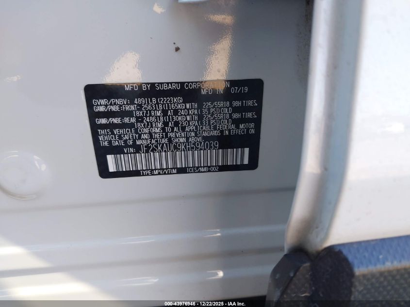 2019 Subaru Forester Limited VIN: JF2SKAUC9KH594039 Lot: 43976946