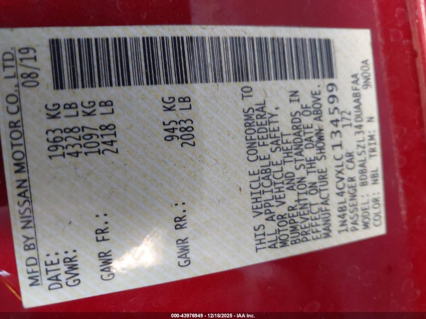 2020 Nissan Altima Sr Fwd VIN: 1N4BL4CVXLC134599 Lot: 43976949