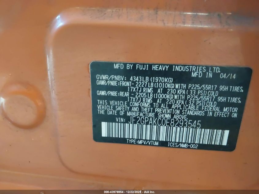 2014 Subaru Xv Crosstrek 2.0I Limited VIN: JF2GPAKC0E8293545 Lot: 43976954