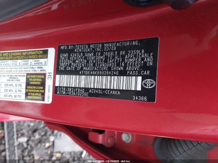 2009 Toyota Camry Le VIN: 4T1BE46K89U284246 Lot: 43976958