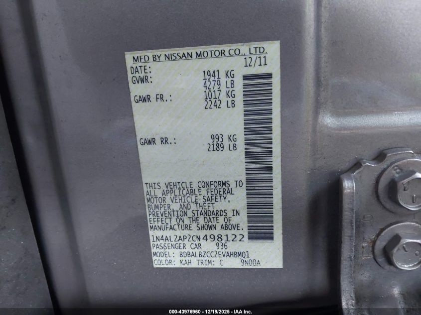 2012 Nissan Altima 2.5 S VIN: 1N4AL2AP2CN498122 Lot: 43976960
