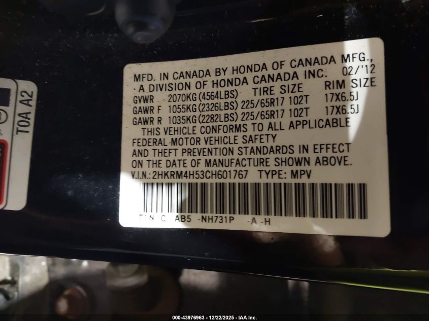 2012 Honda Cr-V Ex VIN: 2HKRM4H53CH601767 Lot: 43976963