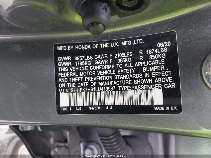 2020 Honda Civic Ex VIN: SHHFK7H61LU419937 Lot: 43976967