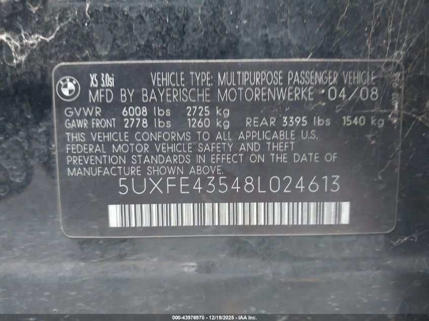 2008 BMW X5 3.0Si VIN: 5UXFE43548L024613 Lot: 43976970