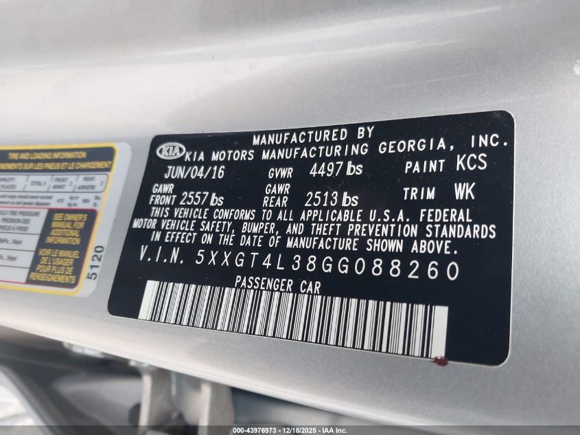 2016 Kia Optima Lx VIN: 5XXGT4L38GG088260 Lot: 43976973