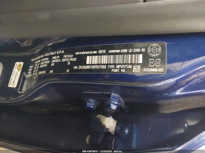 VIN ZACNJBB12KPK37958 2019 JEEP RENEGADE LIMITED